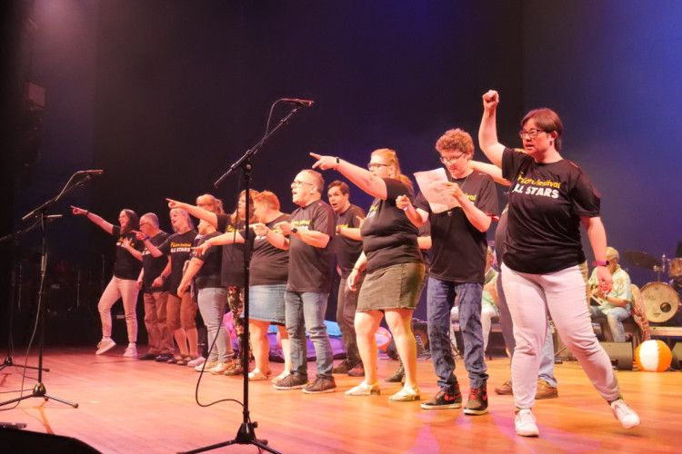 Bezoekers van het Frion Festival staan samen te dansen op het podium